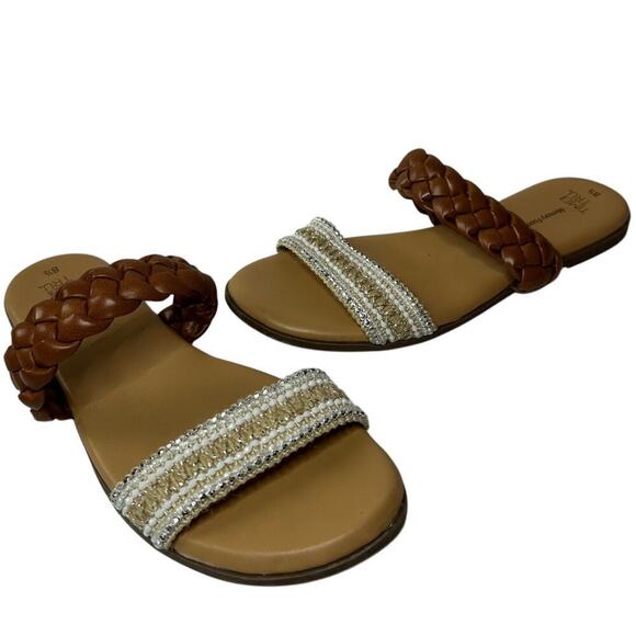 Vacation Brown and Tan Size 8.5 Strap Braided Slide Flat Sandals Boho Casual - Picture 1 of 8